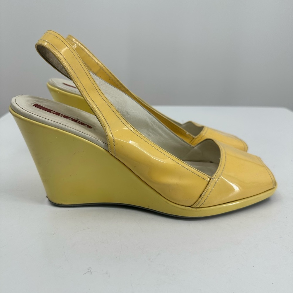 Prada Leather Slingback Sandals Wedge Heel Pale Yellow Peep Toe Womens 40